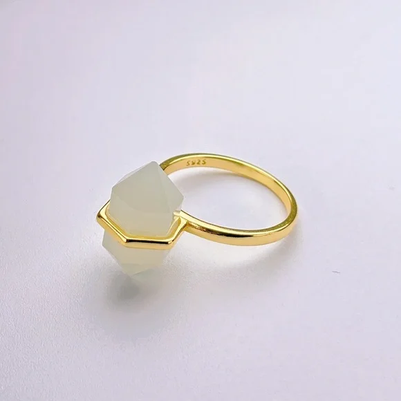 Gold Plated Milky Quartz Obelisk Wand Double Point Ring S925 Sterling Silver - Picture 6 of 8